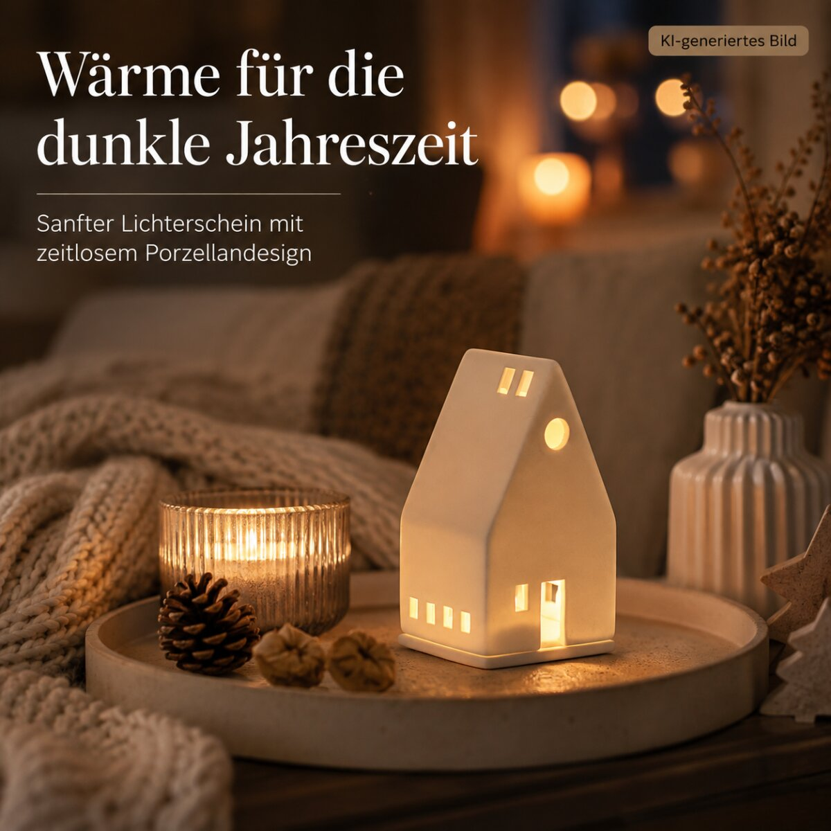 Leuchtendes Porzellanhäuschen mit Kerze in einer warmen Winterstimmung