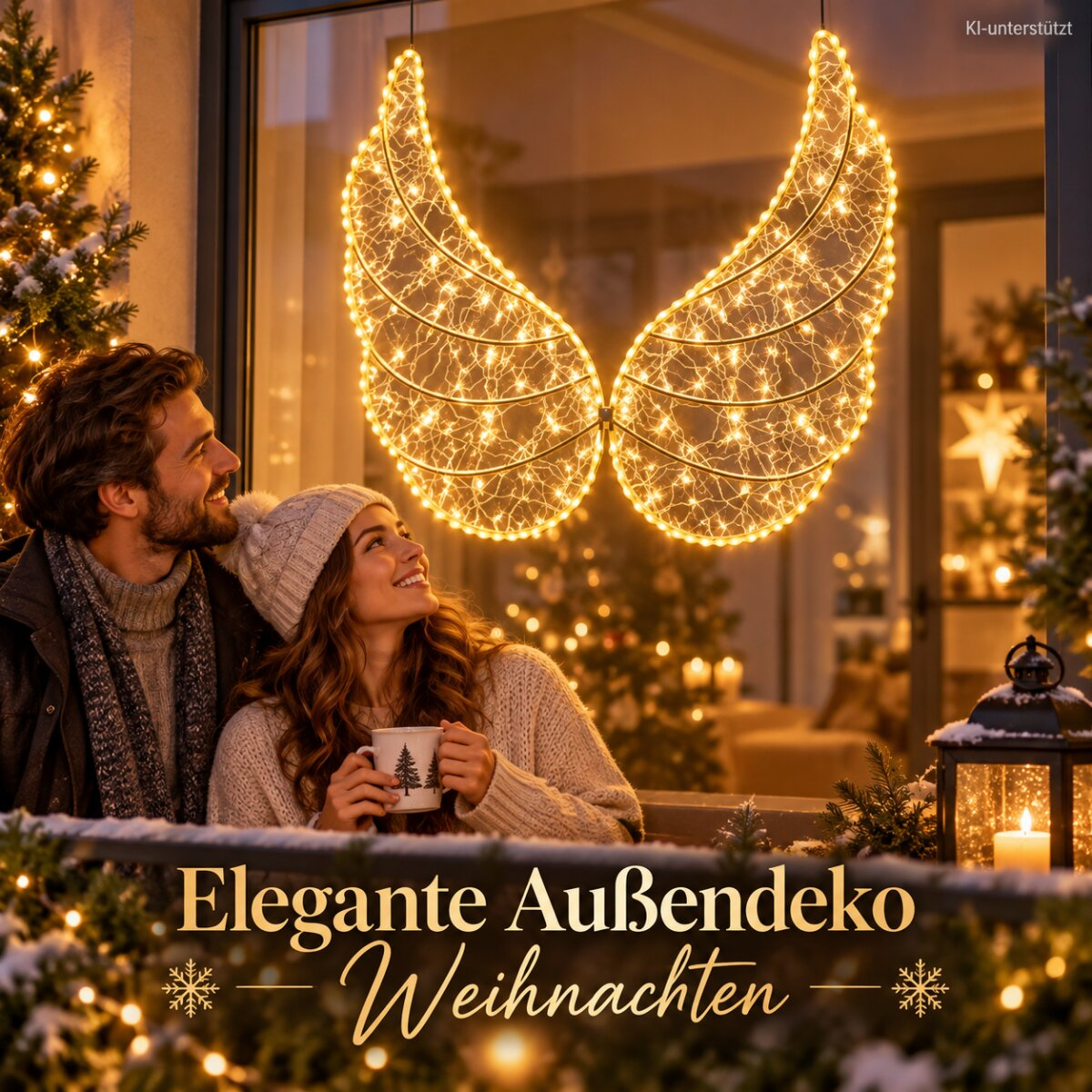 Paar auf einem verschneiten Balkon, das leuchtende LED-Engelsflügel aus Lichterketten betrachtet