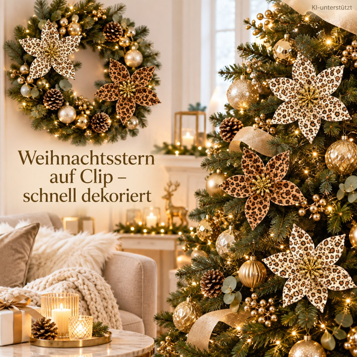 Weihnachtsbaum und Kranz mit goldenen und gemusterten Blüten