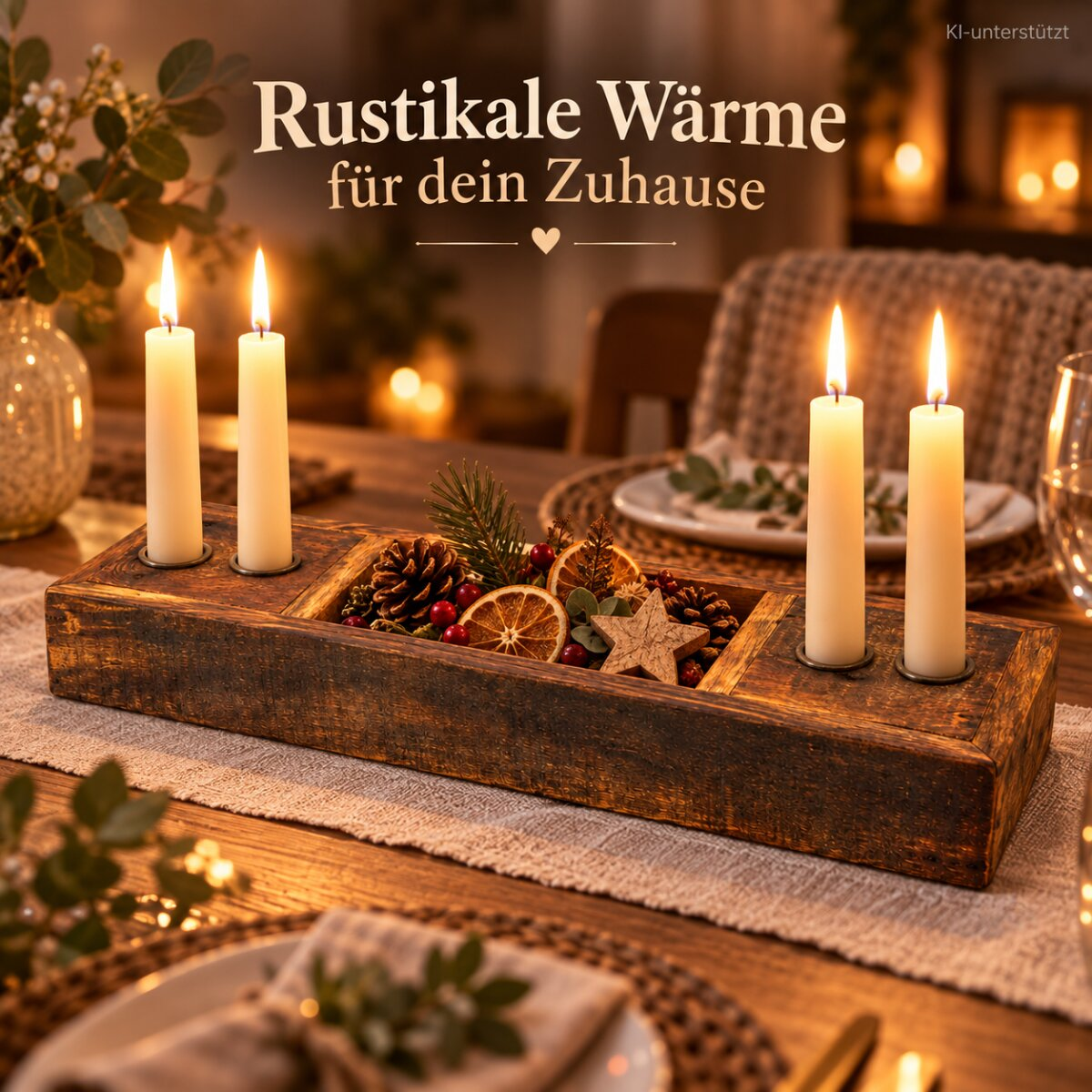 Rustikaler Kerzenhalter aus Holz auf einer warm gedeckten Tafel