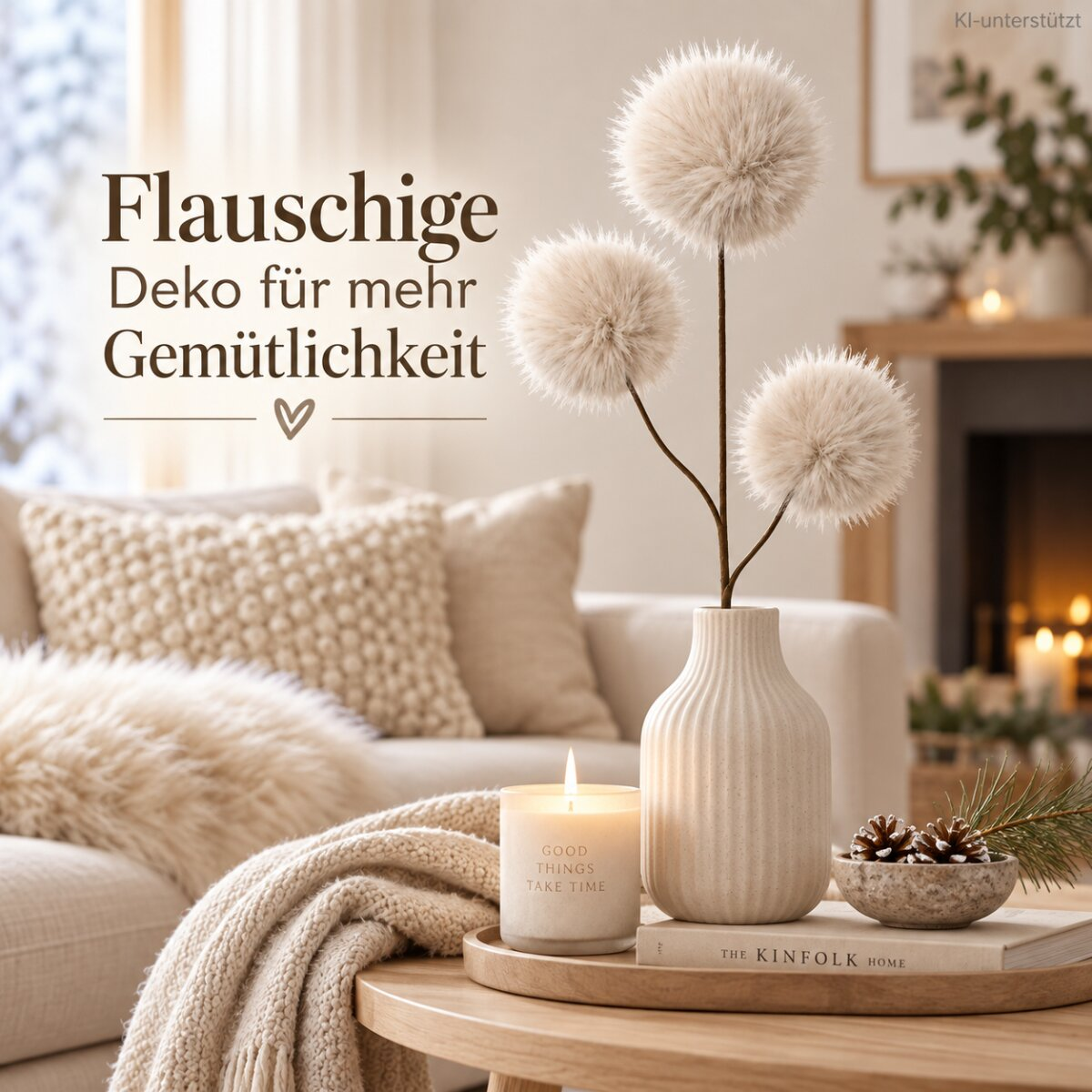 Flauschige Dekoblumen in einer hellen Vase im gemütlichen Wohnzimmer